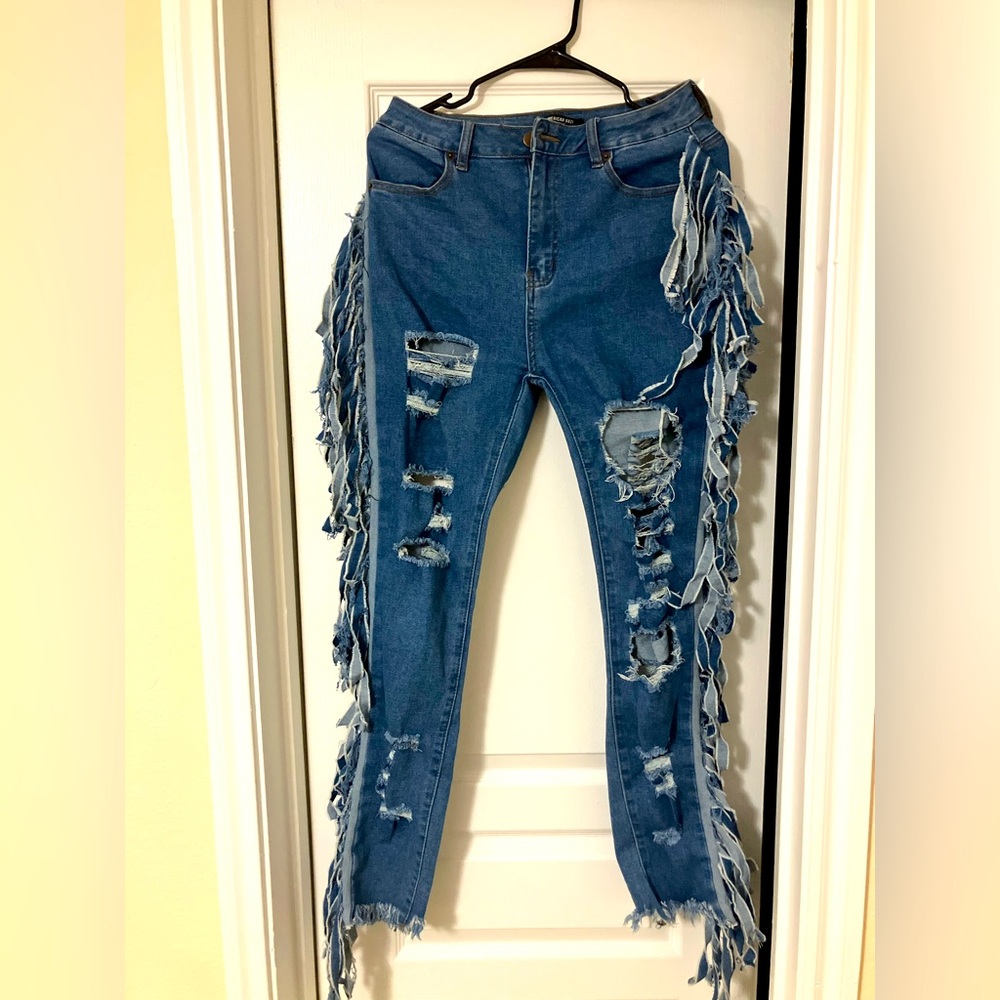 American Bazi Fringe Distressed Denim Women’s Jeans - Size: M - Festival Western